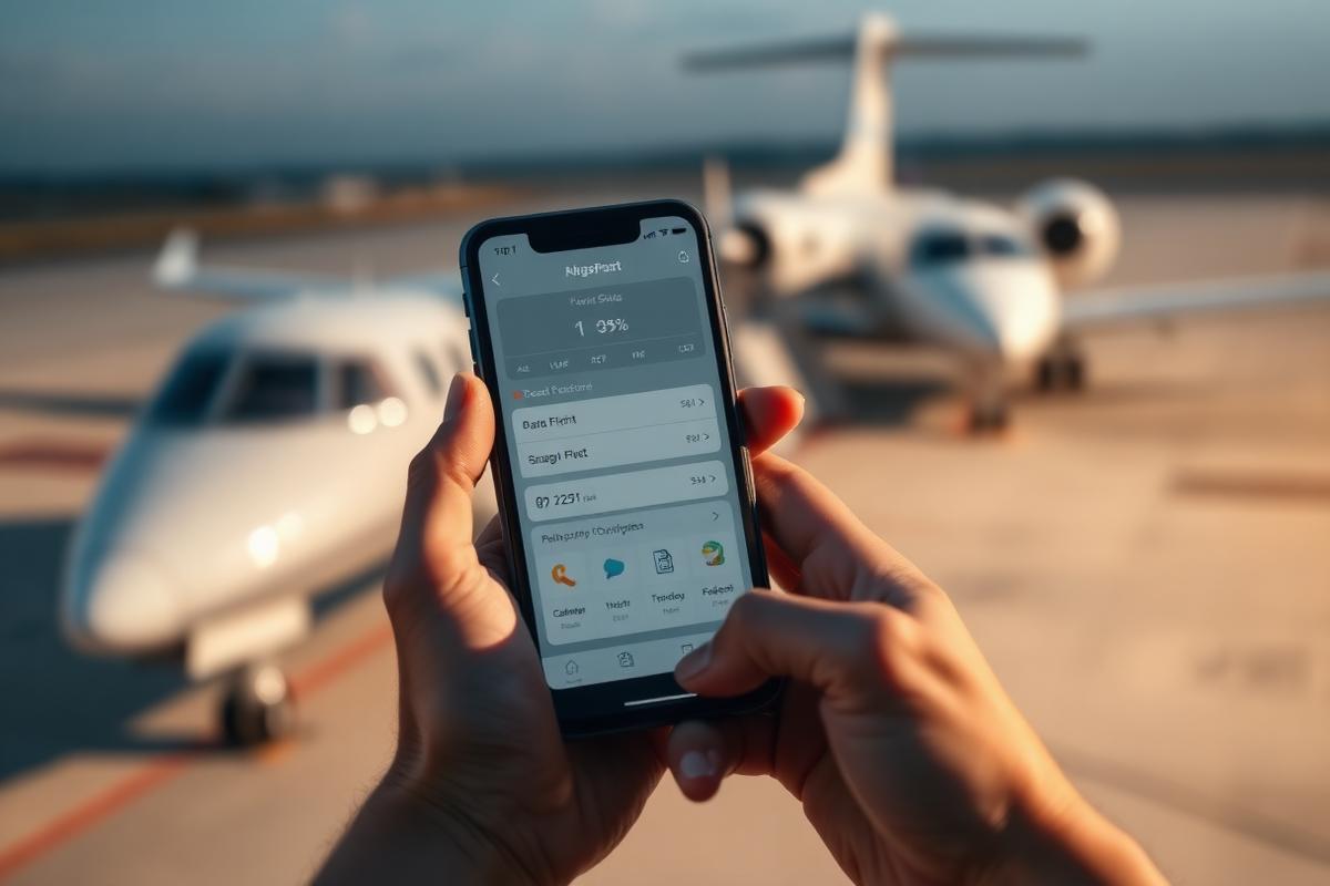 Smartphone mit einer Flug-App vor einem Privatjet auf dem Vorfeld
