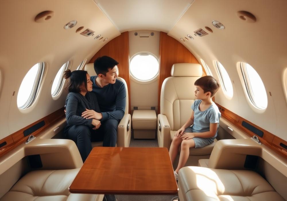 Familie in der Kabine eines kleinen Privatjets