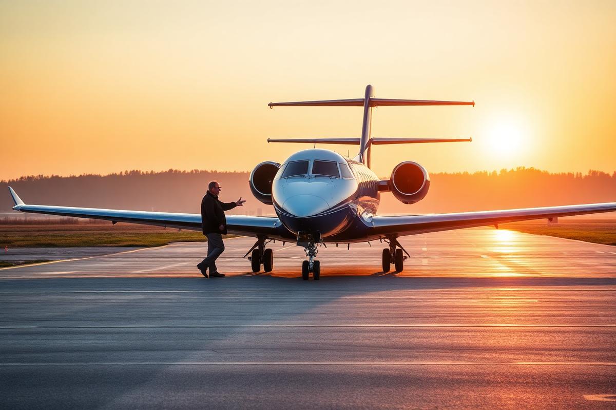 Privatjet bei Sonnenaufgang auf der Startbahn, Pilot beim Check